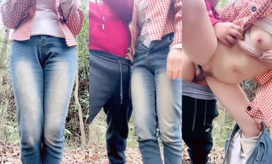 The slut and her fuck buddy had passionate sex in the woods, standing up and fucking without a condom