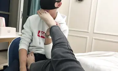 Footjob-Jeans bare feet stepping on crotch licking feet