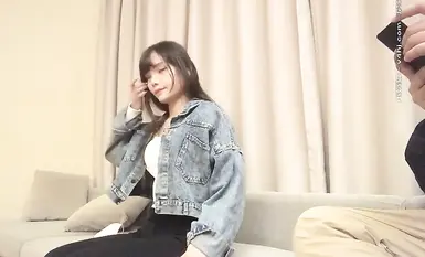 A beautiful and pretty girl in a white top and jeans, pure and sweet with big breasts, engaging in French kissing, mutual touching, oral sex, riding, thrusting, and vigorous fucking.