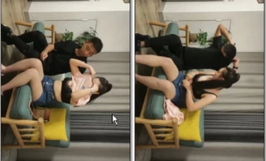 The girl in the jean shorts, with a cute face and fleshy legs, grabbing her big dick and deep-throating it.