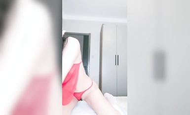 Car model with small cups! Long legs sexy beauty! Red thong panties, props cock in pussy, sucking on the mirror riding position