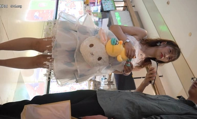 YC shopping mall undercover wearing a princess dress sweet school girl light blue inner front see-through both sides leak hair with wet marks