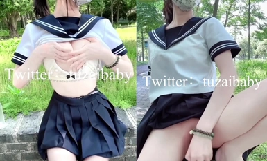 Beautiful black silk JK eyebrow [tuzaibaby] dare really big in the park in broad daylight take off the underwear fake cock bar Ziwei peeing wild spray body really good big tits white tiger pink abalone