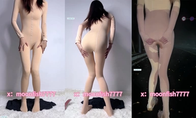 Twitter moonfish7777 Flesh-colored jumpsuit outdoor horseplay