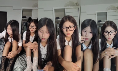 【糯米和小虫】清纯眼镜19美少女①，姐妹花一起，一脸呆萌卡哇伊，JK装短裙，没穿内裤看嫩穴，翘起美臀，叠罗汉掰穴特写